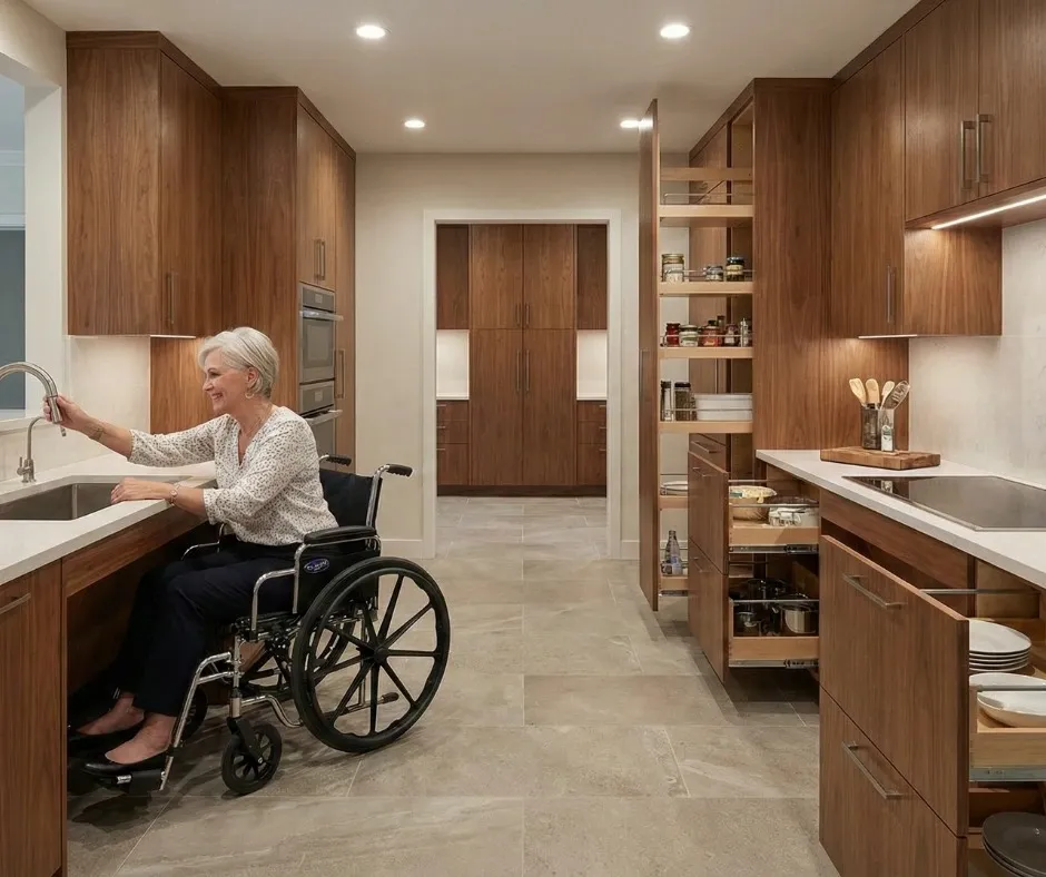 Senior woman in wheelchair using an accessible kitchen sink with pull-out storage